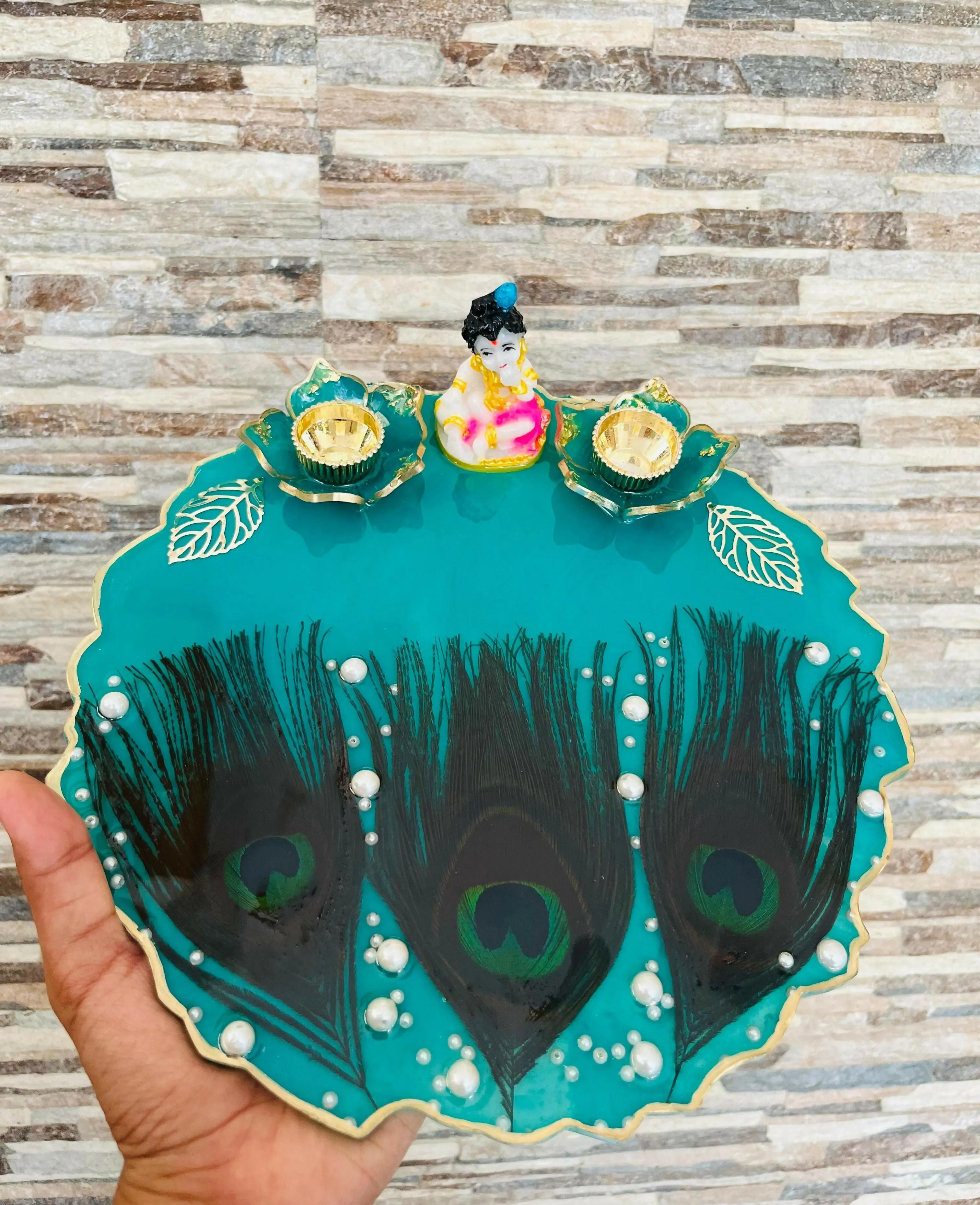 Handmade Resin Krishna Pooja Platter with Diya Holders - 10 inch