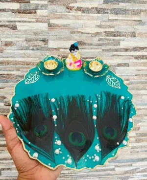 Handmade Resin Krishna Pooja Platter with Diya Holders - 10 inch