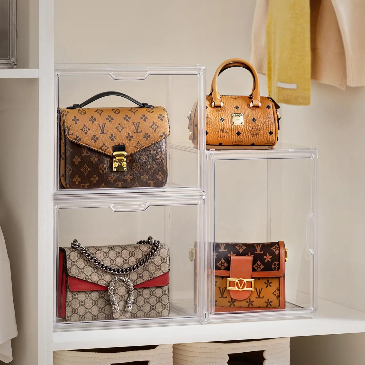 HBlife 8 Pack Purse Storage Organizer for Closet, Large Clear Stackable Handbag Display Case Box with Magnetic Door for Collectibles, Cosmetics, Women Heels and Toys