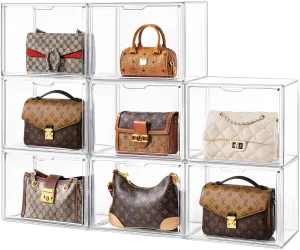 HBlife 8 Pack Purse Storage Organizer for Closet, Large Clear Stackable Handbag Display Case Box with Magnetic Door for Collectibles, Cosmetics, Women Heels and Toys