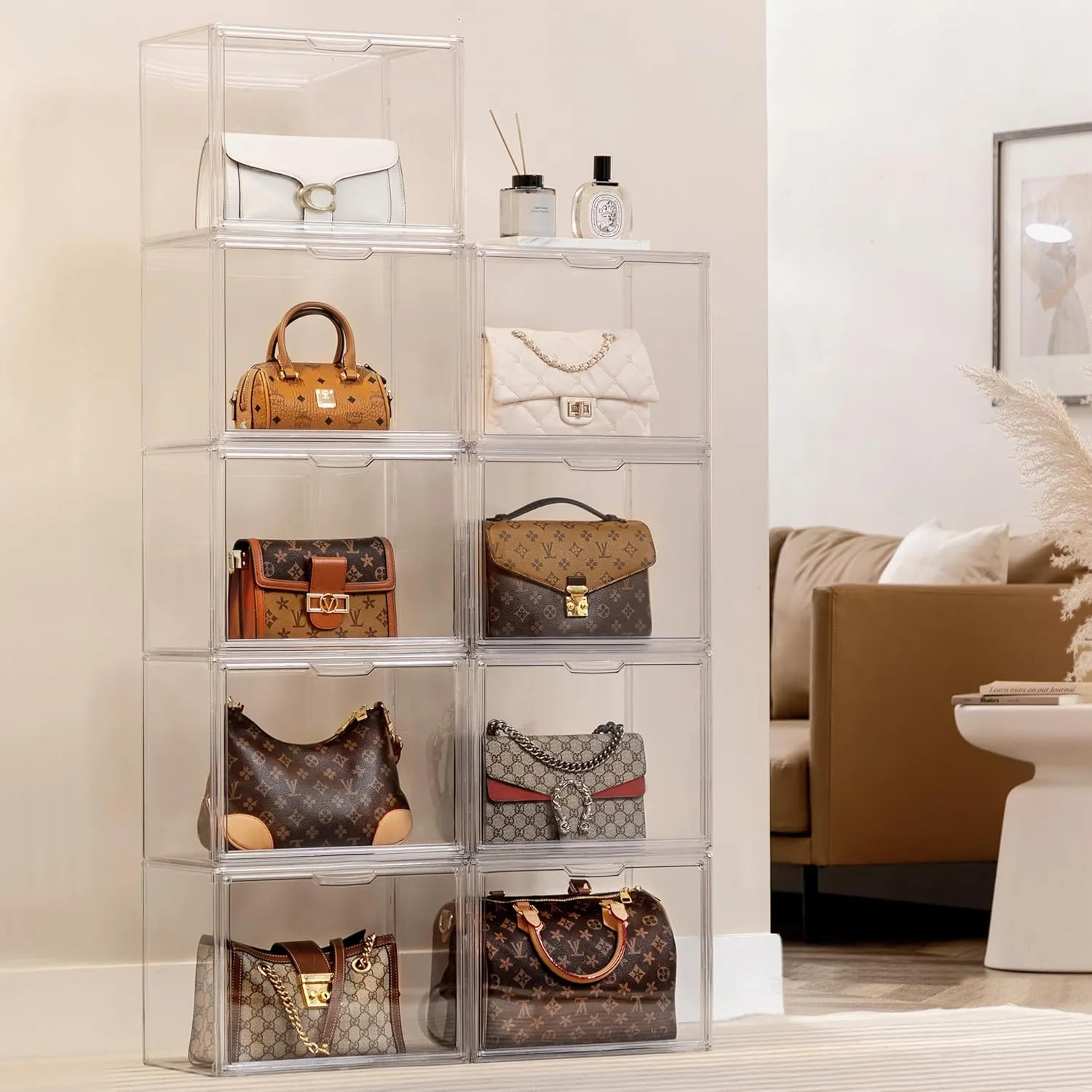 HBlife 8 Pack Purse Storage Organizer for Closet, Large Clear Stackable Handbag Display Case Box with Magnetic Door for Collectibles, Cosmetics, Women Heels and Toys