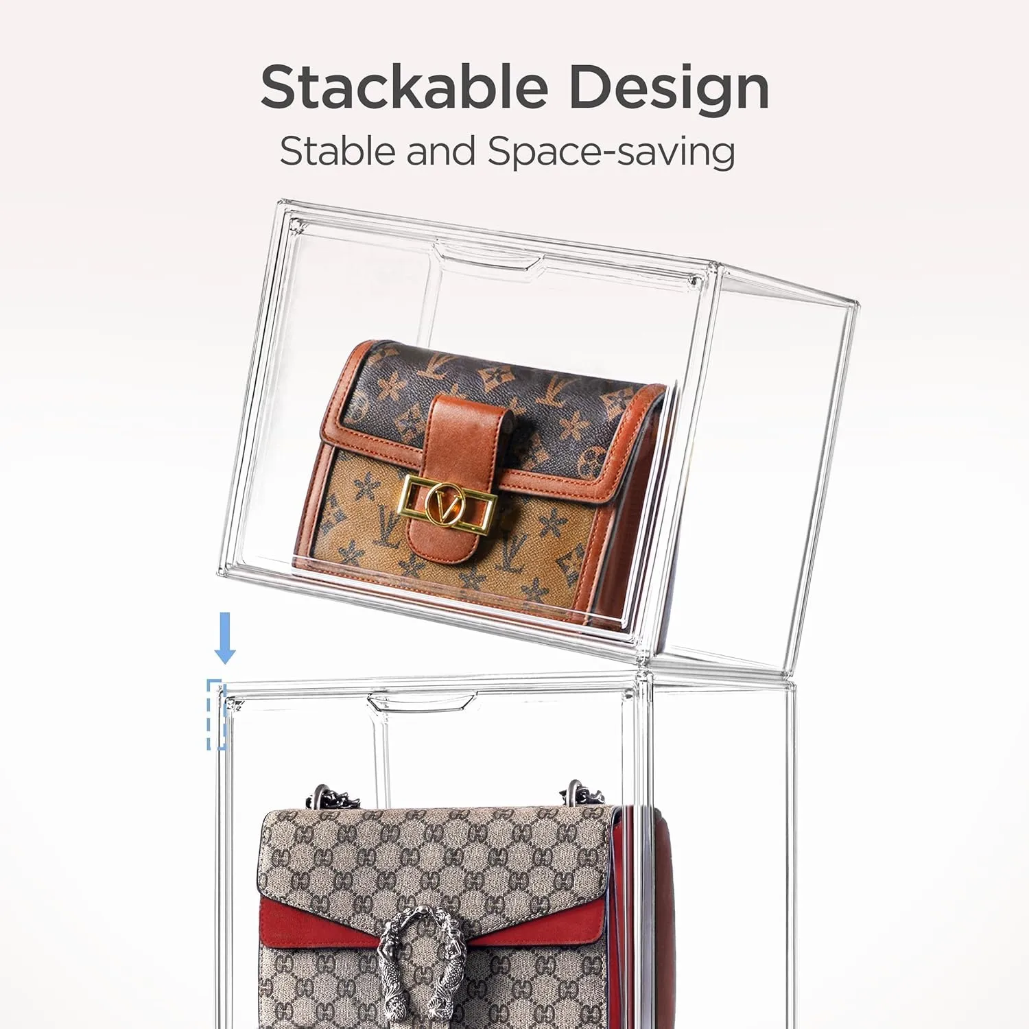 HBlife 8 Pack Purse Storage Organizer for Closet, Large Clear Stackable Handbag Display Case Box with Magnetic Door for Collectibles, Cosmetics, Women Heels and Toys