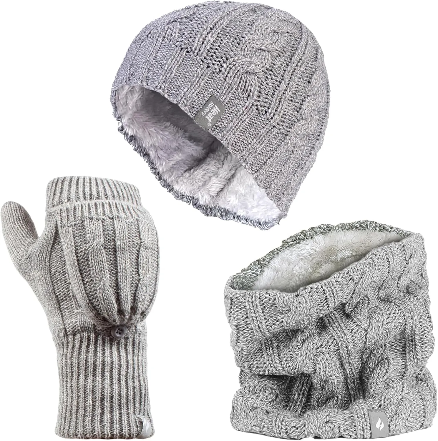 HEAT HOLDERS - Thermal Fleece Cable Knit Hat, Neck Warmer and Converter Gloves Set for Women Winter