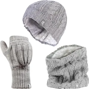 HEAT HOLDERS - Thermal Fleece Cable Knit Hat, Neck Warmer and Converter Gloves Set for Women Winter