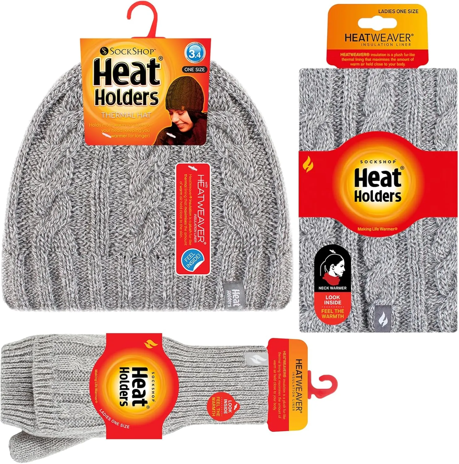 HEAT HOLDERS - Thermal Fleece Cable Knit Hat, Neck Warmer and Converter Gloves Set for Women Winter