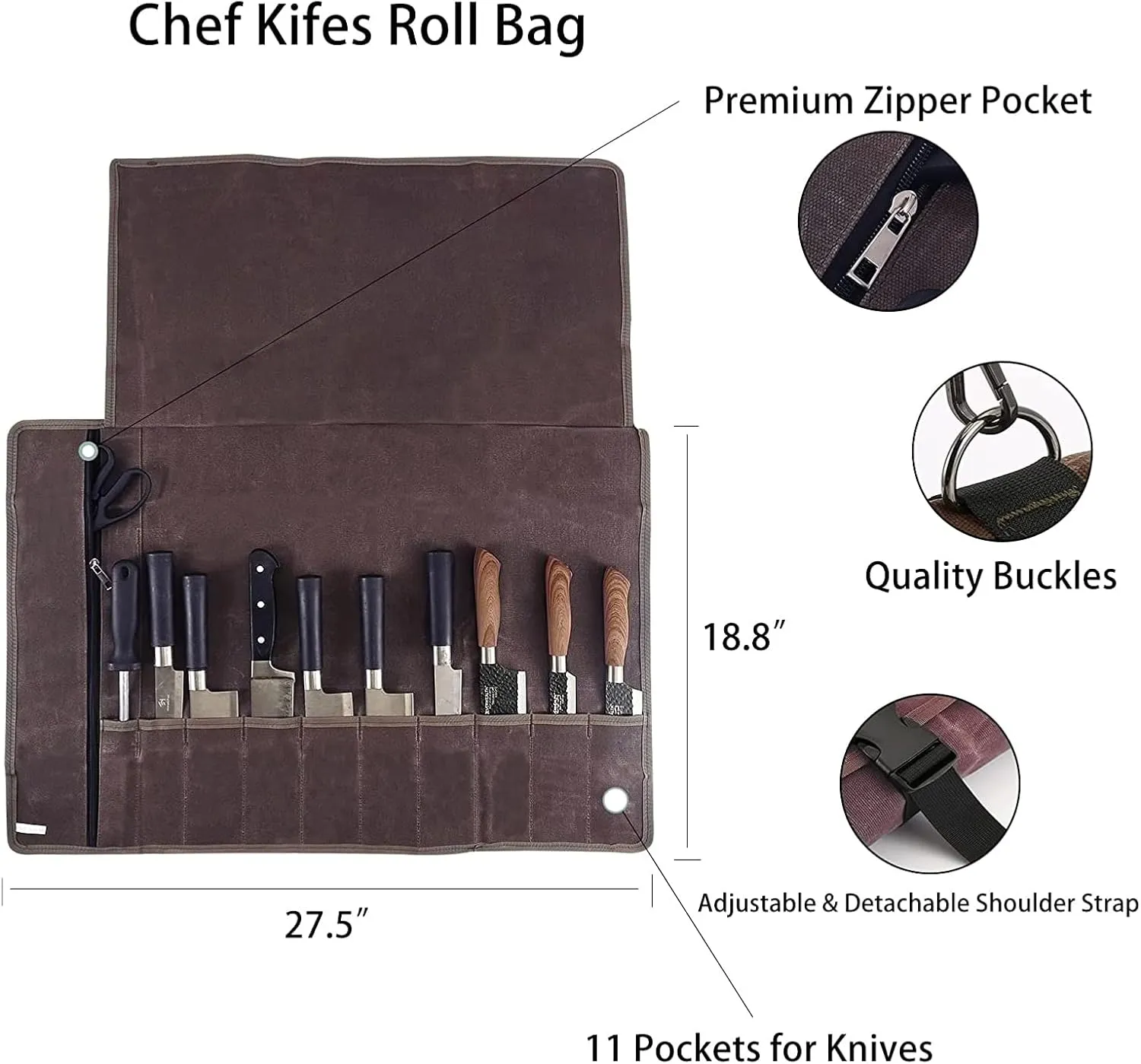 HERSENT Chef’s Knife Roll Bag,Waxed Canvas Knife Cultery Carrier, Portable Chef Knife Cases,Knife Pouch Holders With 10 Slots Plus 1 Zipper Pockets Can Hold Home Kitchen Knife Tools Up To 18.8”