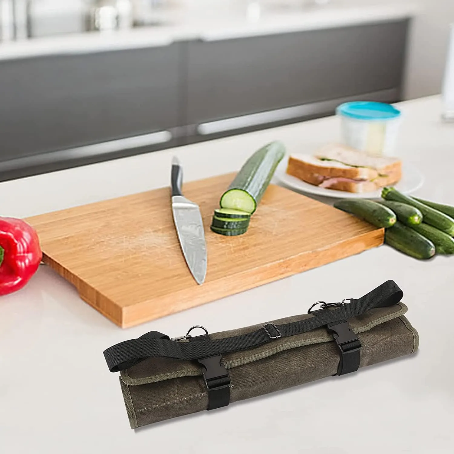 HERSENT Chef’s Knife Roll Bag,Waxed Canvas Knife Cultery Carrier, Portable Chef Knife Cases,Knife Pouch Holders With 10 Slots Plus 1 Zipper Pockets Can Hold Home Kitchen Knife Tools Up To 18.8”
