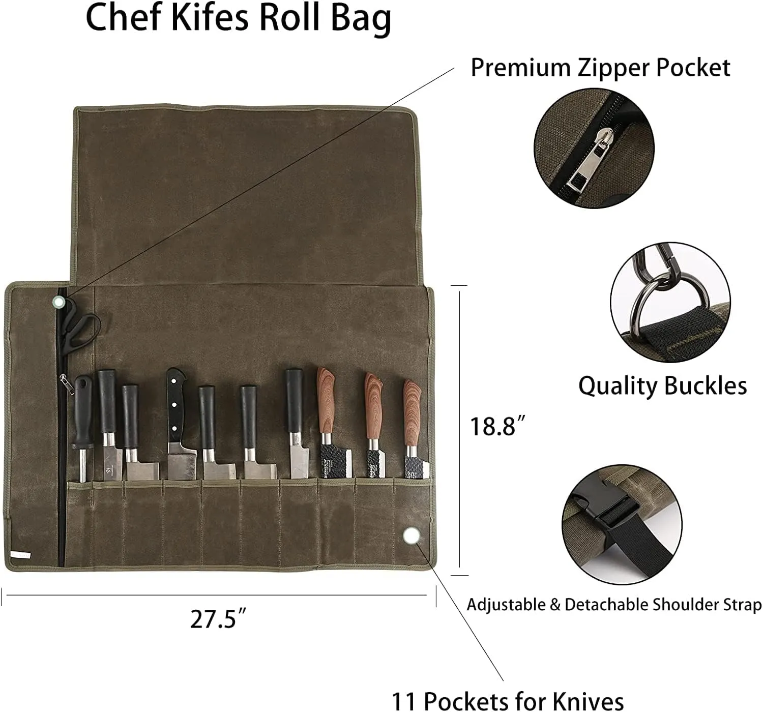 HERSENT Chef’s Knife Roll Bag,Waxed Canvas Knife Cultery Carrier, Portable Chef Knife Cases,Knife Pouch Holders With 10 Slots Plus 1 Zipper Pockets Can Hold Home Kitchen Knife Tools Up To 18.8”