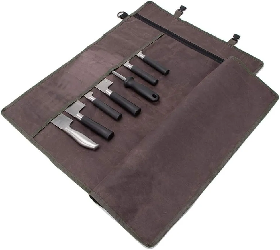 HERSENT Chef’s Knife Roll Bag,Waxed Canvas Knife Cultery Carrier, Portable Chef Knife Cases,Knife Pouch Holders With 10 Slots Plus 1 Zipper Pockets Can Hold Home Kitchen Knife Tools Up To 18.8”