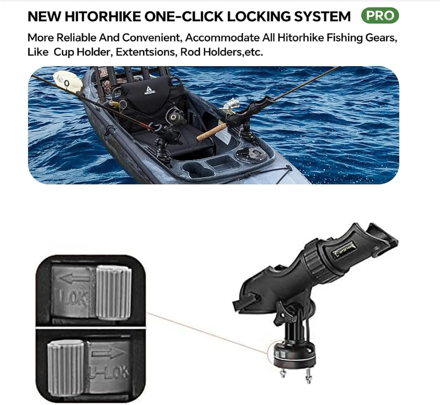 HITORHIKE Fishing Rod Holder Universal Fit Kit Allows for 360-degree Adjustment Kayak Fishing Boat Powerlock Rod Holder