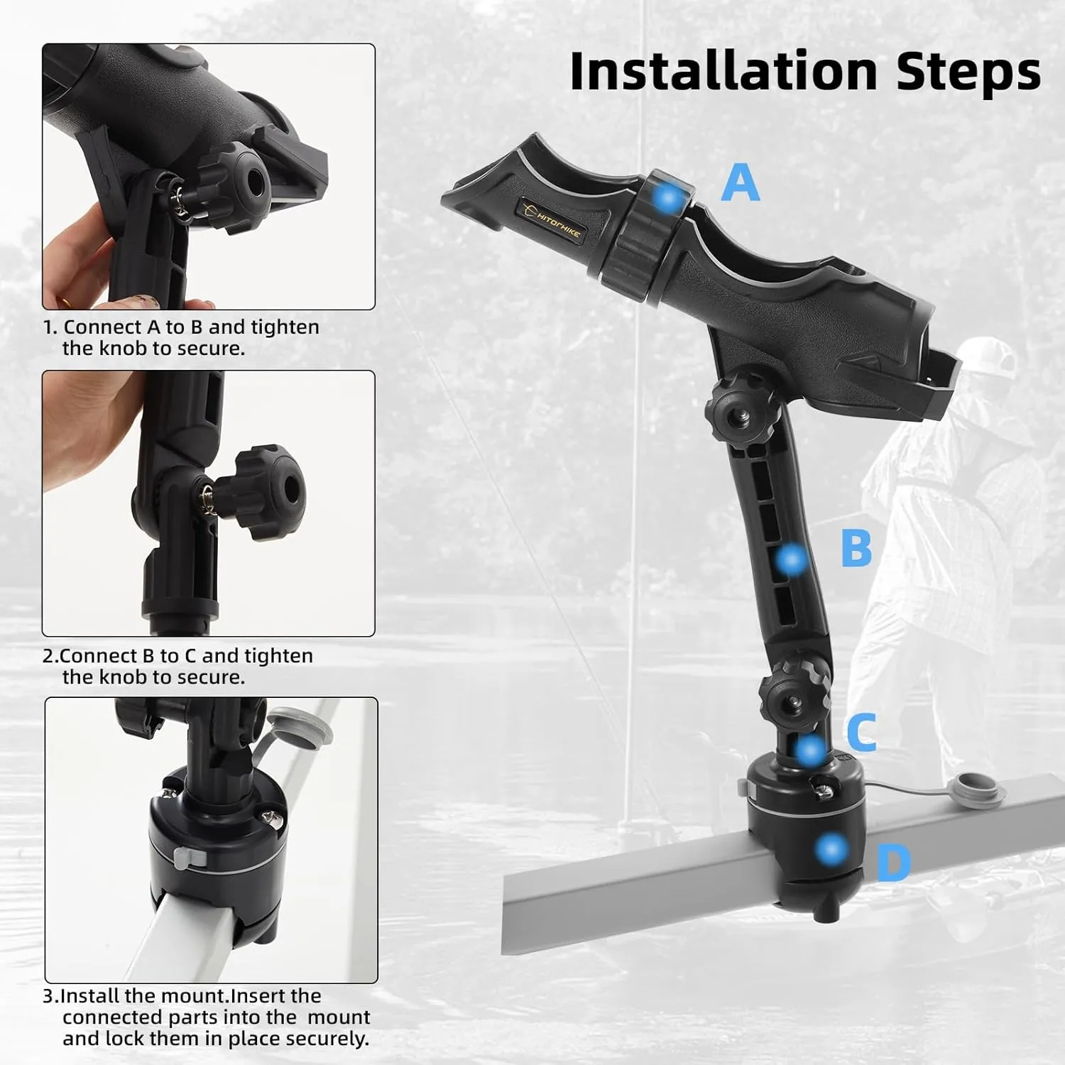 Hitorhike Kayak & Boat Fishing Rod Holder Set with Extender – Universal Reel Compatibility, 360° Adjustable, Heavy-Duty Mounts