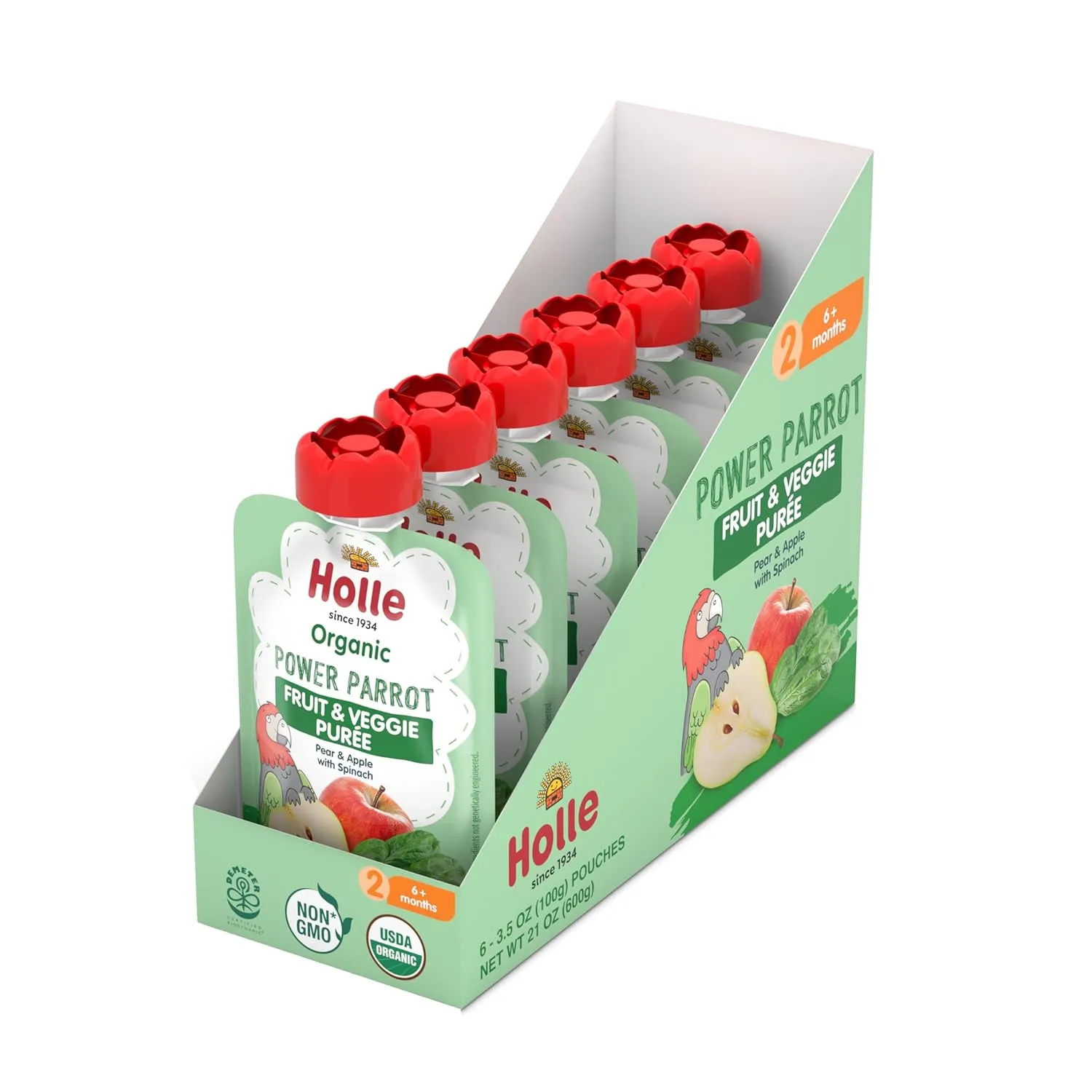 Holle Organic Baby Food Pouches - Power Parrot Baby Puree with Pear, Apple & Spinach - (6 Pack) Organic Baby Snacks   Fruit and Veggie Pouches for Weaning Babies 6 Months and Older