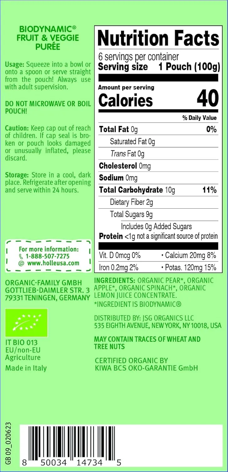 Holle Organic Baby Food Pouches - Power Parrot Baby Puree with Pear, Apple & Spinach - (6 Pack) Organic Baby Snacks   Fruit and Veggie Pouches for Weaning Babies 6 Months and Older
