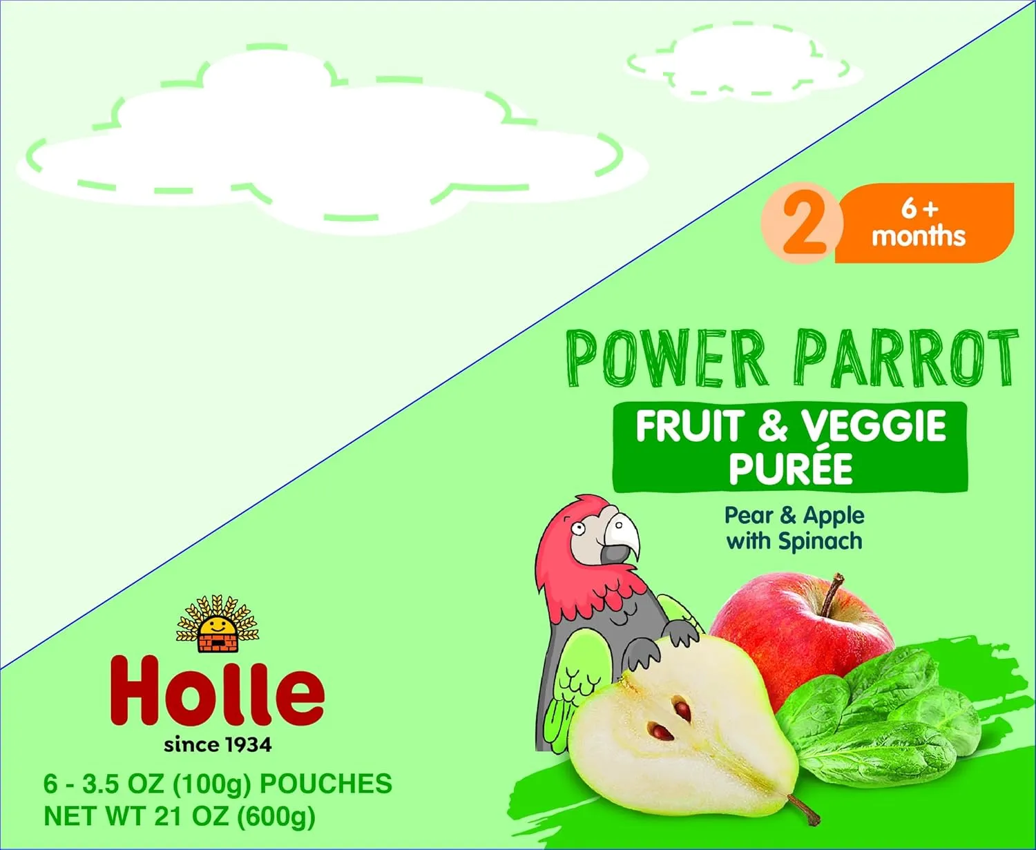 Holle Organic Baby Food Pouches - Power Parrot Baby Puree with Pear, Apple & Spinach - (6 Pack) Organic Baby Snacks   Fruit and Veggie Pouches for Weaning Babies 6 Months and Older