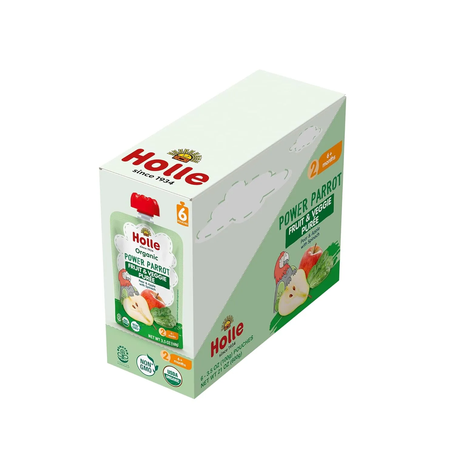 Holle Organic Baby Food Pouches - Power Parrot Baby Puree with Pear, Apple & Spinach - (6 Pack) Organic Baby Snacks   Fruit and Veggie Pouches for Weaning Babies 6 Months and Older