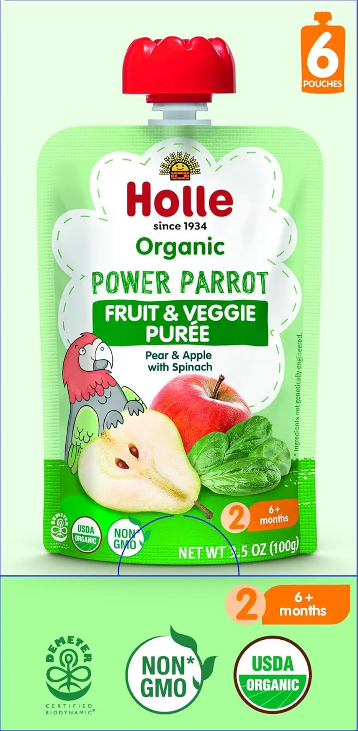 Holle Organic Baby Food Pouches - Power Parrot Baby Puree with Pear, Apple & Spinach - (6 Pack) Organic Baby Snacks   Fruit and Veggie Pouches for Weaning Babies 6 Months and Older