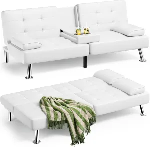 Homall Futon Sofa Bed, Leather Futon Couch with Removable Armrests, Adjustable Recliner Sleeper Sofa Bed with Dual Cup Holders for Living Room, Apartment, Office (White)