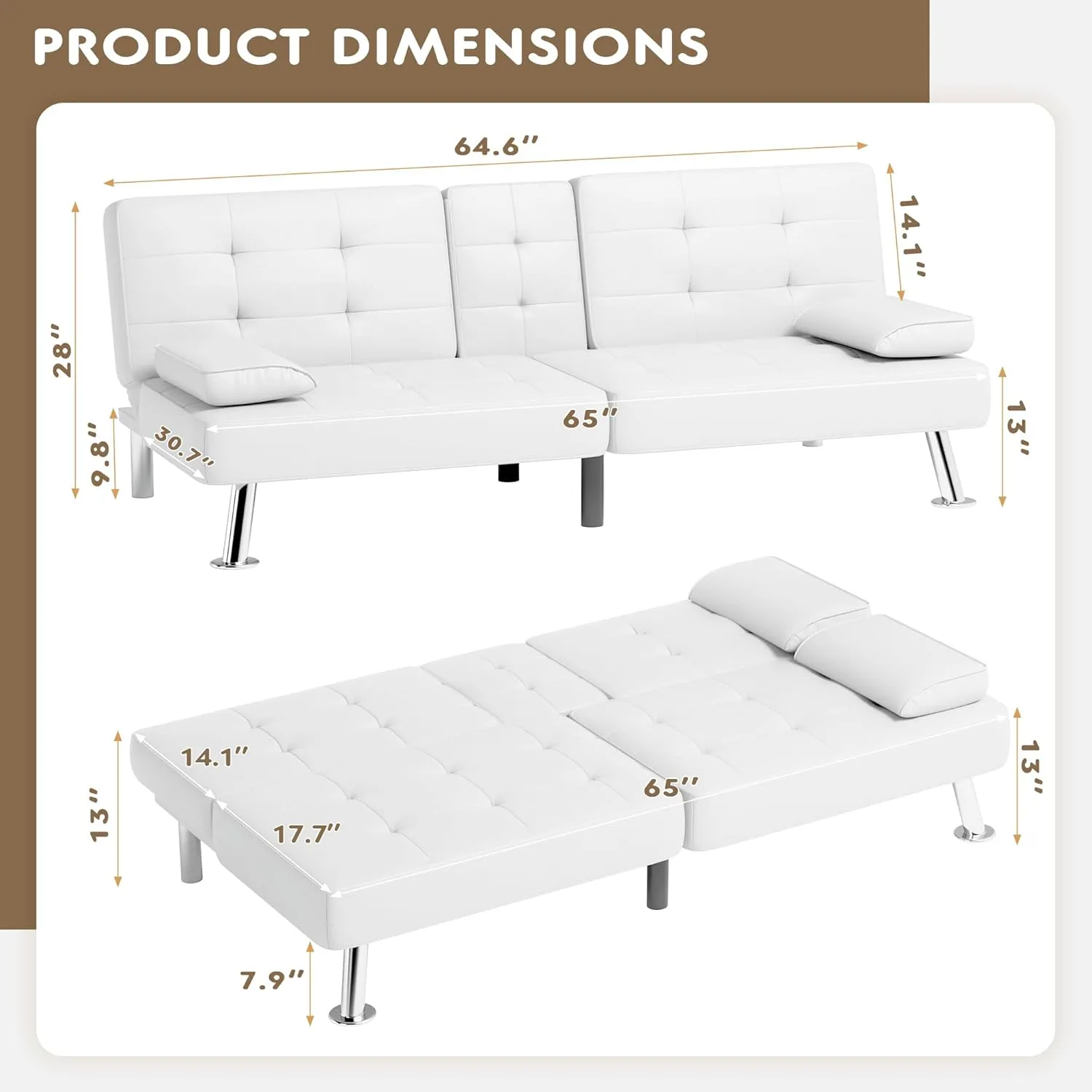 Homall Futon Sofa Bed, Leather Futon Couch with Removable Armrests, Adjustable Recliner Sleeper Sofa Bed with Dual Cup Holders for Living Room, Apartment, Office (White)