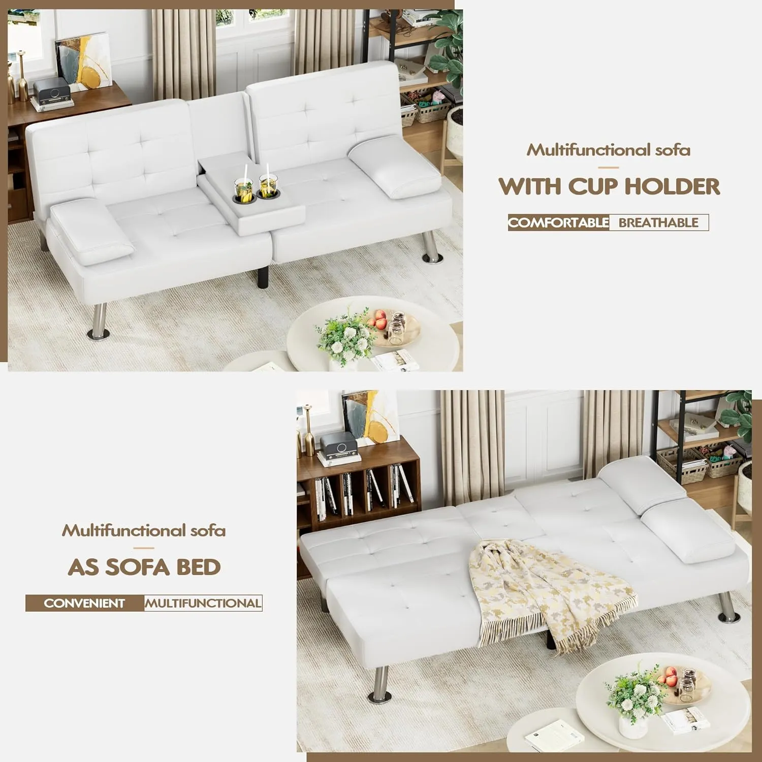 Homall Futon Sofa Bed, Leather Futon Couch with Removable Armrests, Adjustable Recliner Sleeper Sofa Bed with Dual Cup Holders for Living Room, Apartment, Office (White)