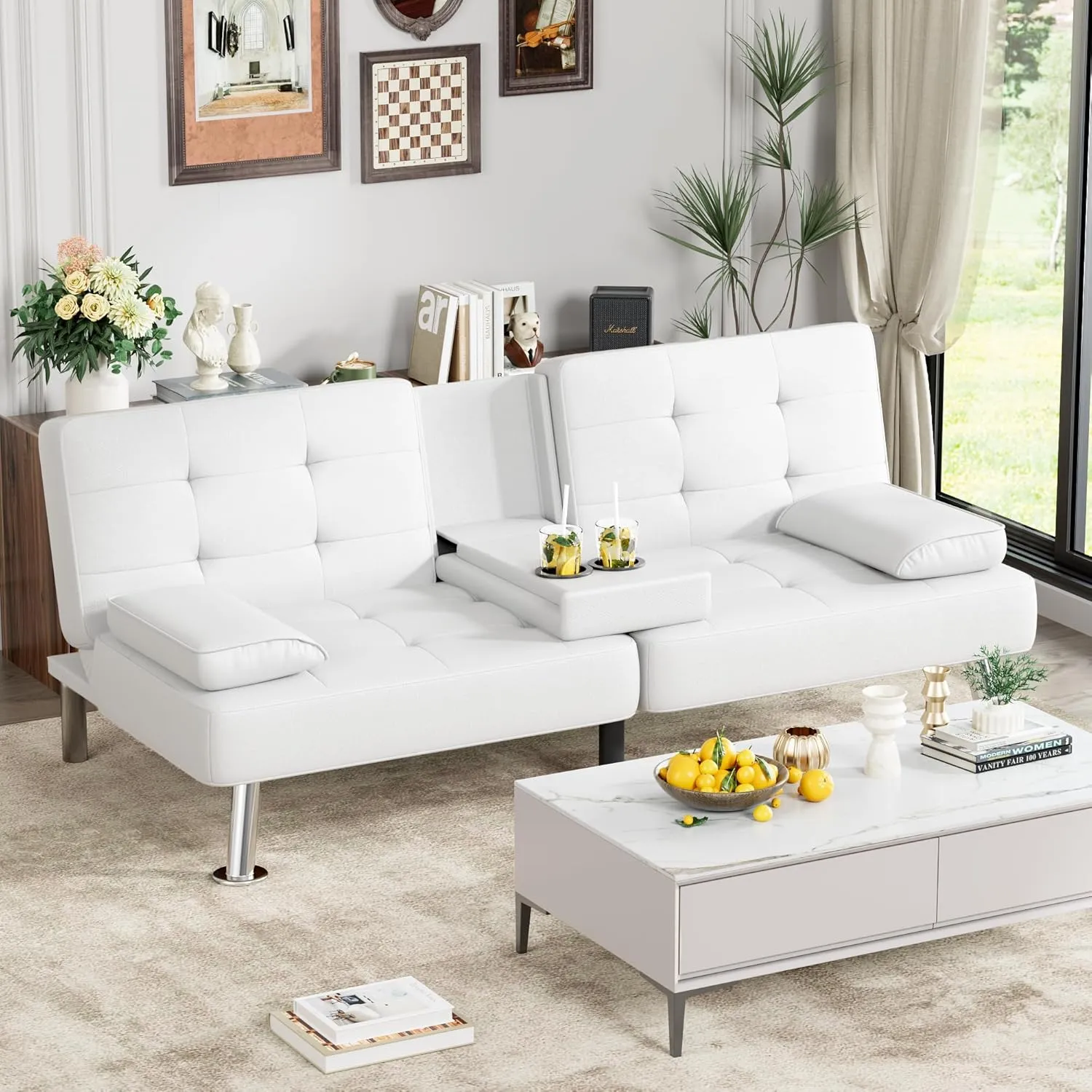 Homall Futon Sofa Bed, Leather Futon Couch with Removable Armrests, Adjustable Recliner Sleeper Sofa Bed with Dual Cup Holders for Living Room, Apartment, Office (White)