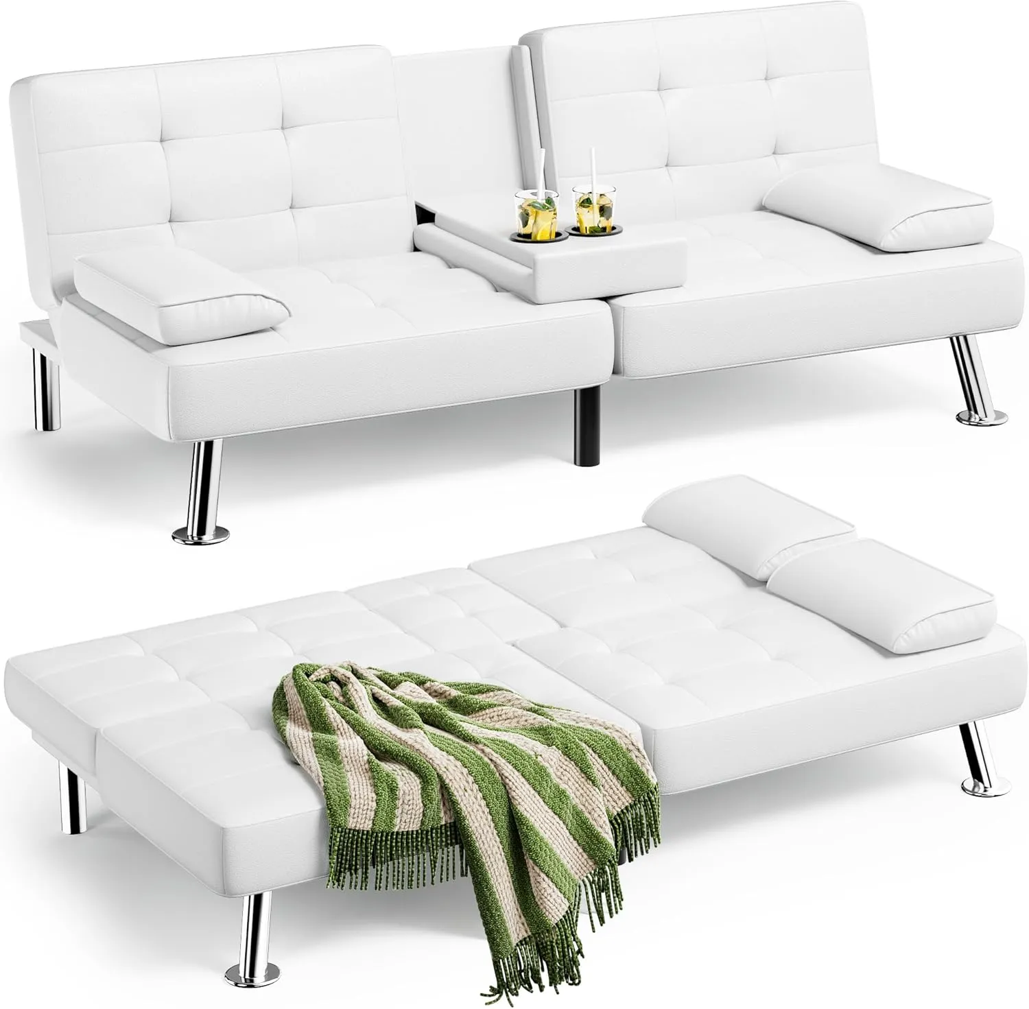 Homall Futon Sofa Bed, Leather Futon Couch with Removable Armrests, Adjustable Recliner Sleeper Sofa Bed with Dual Cup Holders for Living Room, Apartment, Office (White)