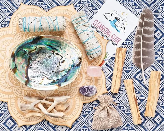 Home Cleansing & Smudging Kit with White Sage, Palo Santo, Abalone & Stand, Smudge Feather & Guide - Smudge Kit with Sage Smudge Sticks