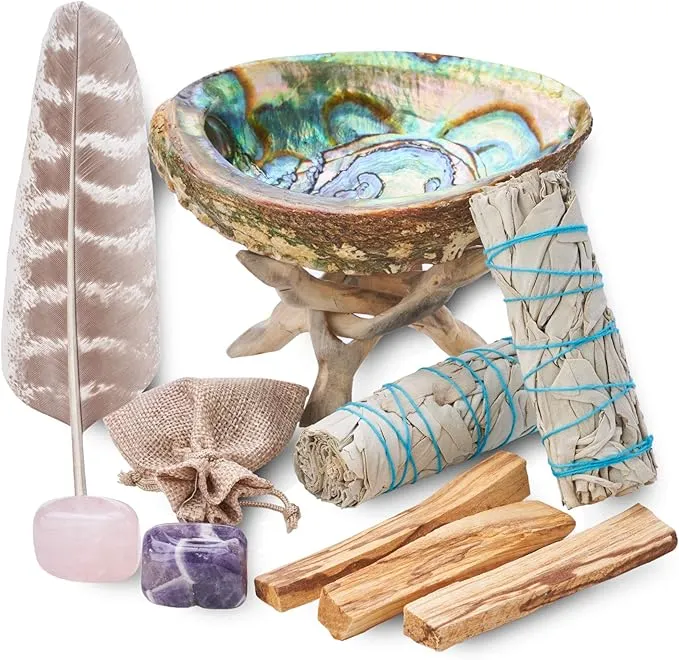 Home Cleansing & Smudging Kit with White Sage, Palo Santo, Abalone & Stand, Smudge Feather & Guide - Smudge Kit with Sage Smudge Sticks