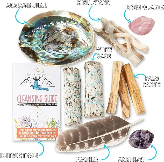 Home Cleansing & Smudging Kit with White Sage, Palo Santo, Abalone & Stand, Smudge Feather & Guide - Smudge Kit with Sage Smudge Sticks