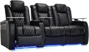 Home Theater Seating Top Grain Leather Recliner Chair Power Headrest and Recline Movie Seats Gaming Sofa with Tray Table Type-C USB Charge Cup Holders Row of 3 Loveseat Right Black