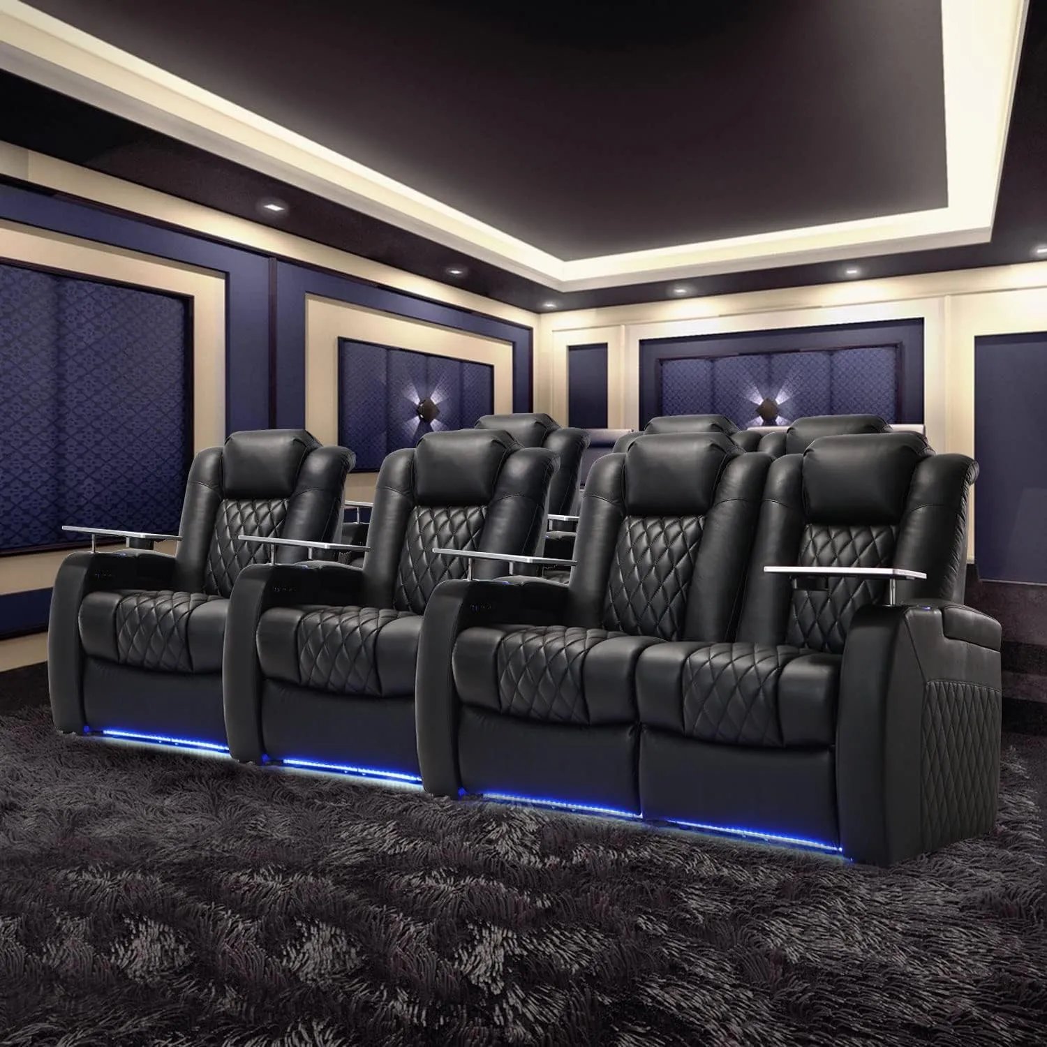 Home Theater Seating Top Grain Leather Recliner Chair Power Headrest and Recline Movie Seats Gaming Sofa with Tray Table Type-C USB Charge Cup Holders Row of 3 Loveseat Right Black