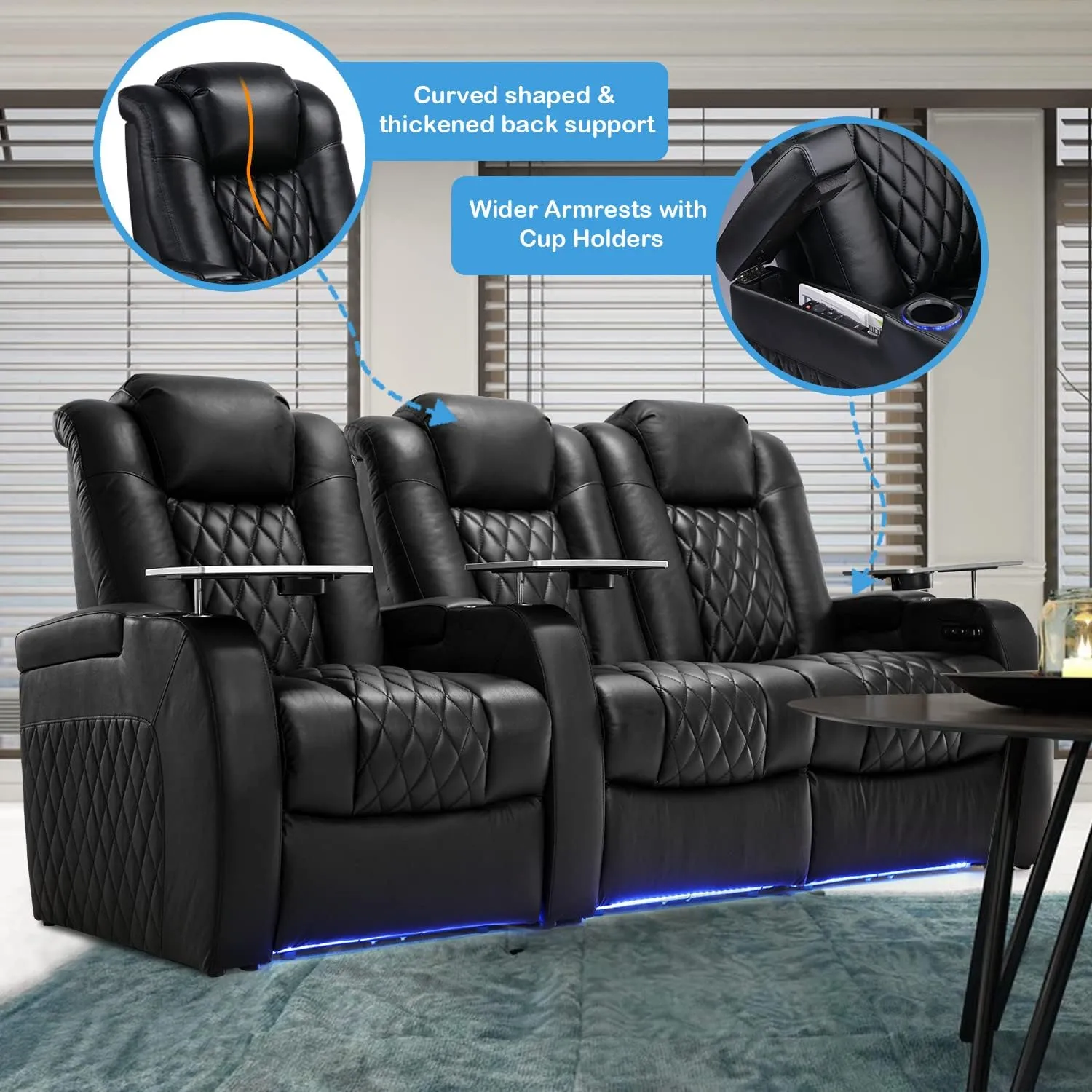 Home Theater Seating Top Grain Leather Recliner Chair Power Headrest and Recline Movie Seats Gaming Sofa with Tray Table Type-C USB Charge Cup Holders Row of 3 Loveseat Right Black