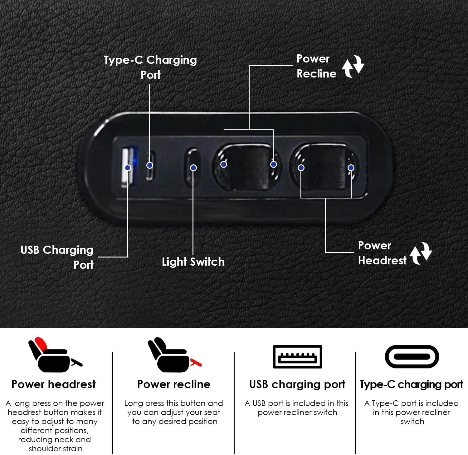 Home Theater Seating Top Grain Leather Recliner Chair Power Headrest and Recline Movie Seats Gaming Sofa with Tray Table Type-C USB Charge Cup Holders Row of 3 Loveseat Right Black