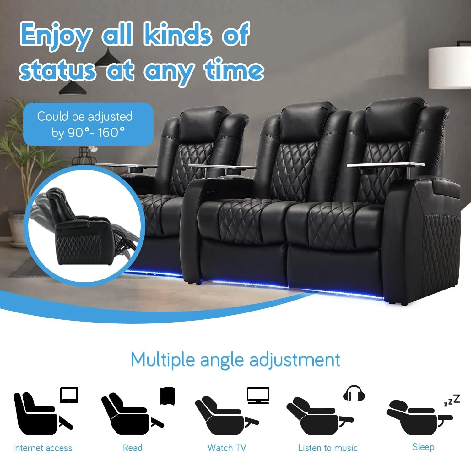 Home Theater Seating Top Grain Leather Recliner Chair Power Headrest and Recline Movie Seats Gaming Sofa with Tray Table Type-C USB Charge Cup Holders Row of 3 Loveseat Right Black