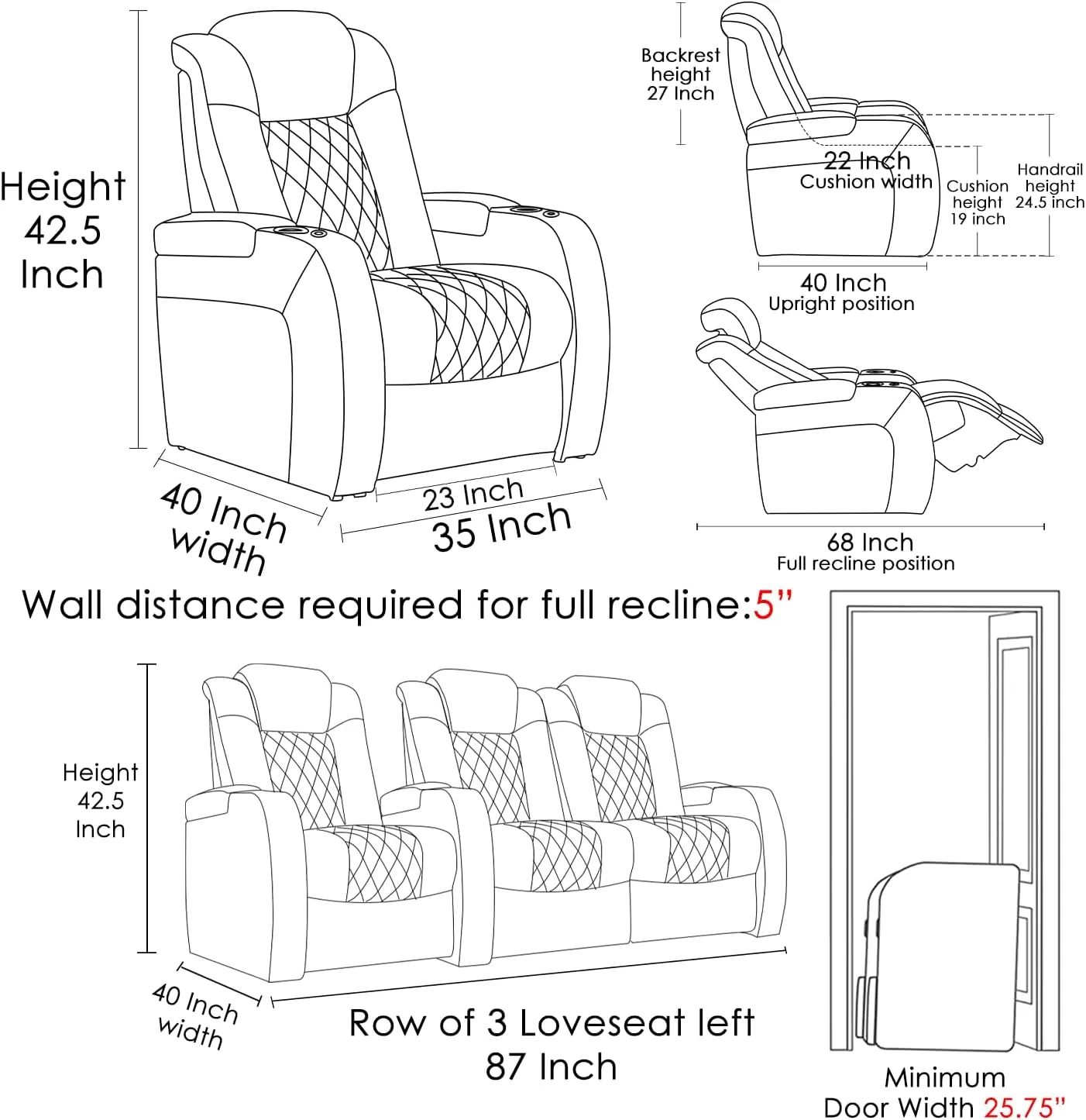 Home Theater Seating Top Grain Leather Recliner Chair Power Headrest and Recline Movie Seats Gaming Sofa with Tray Table Type-C USB Charge Cup Holders Row of 3 Loveseat Right Black