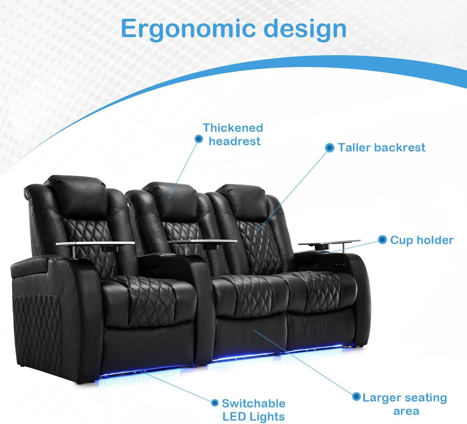 Home Theater Seating Top Grain Leather Recliner Chair Power Headrest and Recline Movie Seats Gaming Sofa with Tray Table Type-C USB Charge Cup Holders Row of 3 Loveseat Right Black