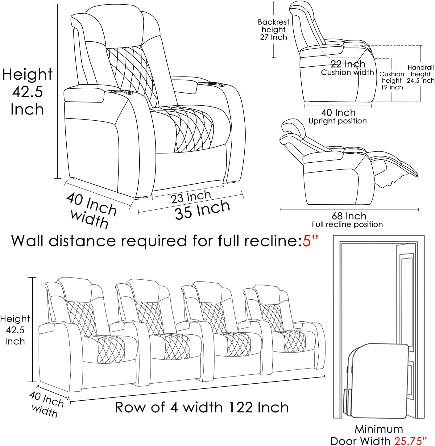 Home Theater Seating Top Grain Leather Recliner Chair Power Headrest and Recline Movie Seats Gaming Sofa with Tray Table Type-C USB Charge Cup Holders Row of 4 Black