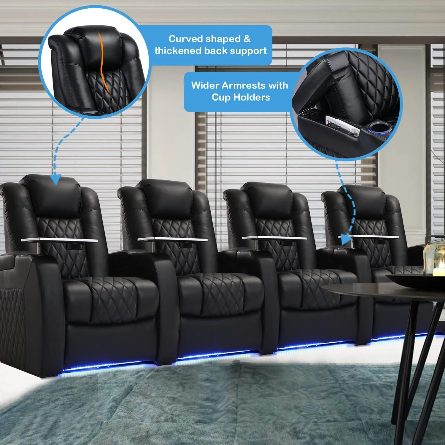 Home Theater Seating Top Grain Leather Recliner Chair Power Headrest and Recline Movie Seats Gaming Sofa with Tray Table Type-C USB Charge Cup Holders Row of 4 Black
