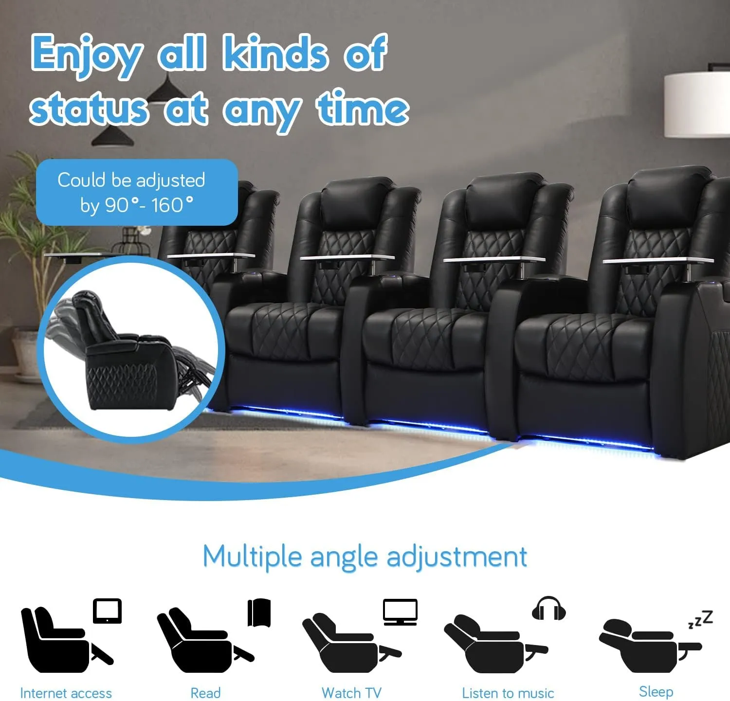 Home Theater Seating Top Grain Leather Recliner Chair Power Headrest and Recline Movie Seats Gaming Sofa with Tray Table Type-C USB Charge Cup Holders Row of 4 Black