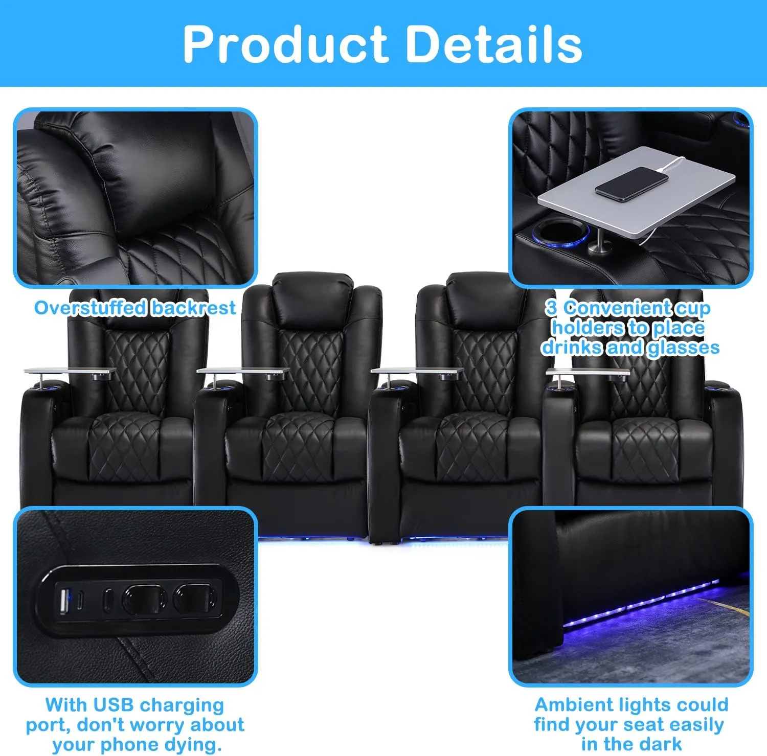 Home Theater Seating Top Grain Leather Recliner Chair Power Headrest and Recline Movie Seats Gaming Sofa with Tray Table Type-C USB Charge Cup Holders Row of 4 Black