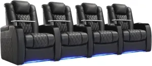 Home Theater Seating Top Grain Leather Recliner Chair Power Headrest and Recline Movie Seats Gaming Sofa with Tray Table Type-C USB Charge Cup Holders Row of 4 Black