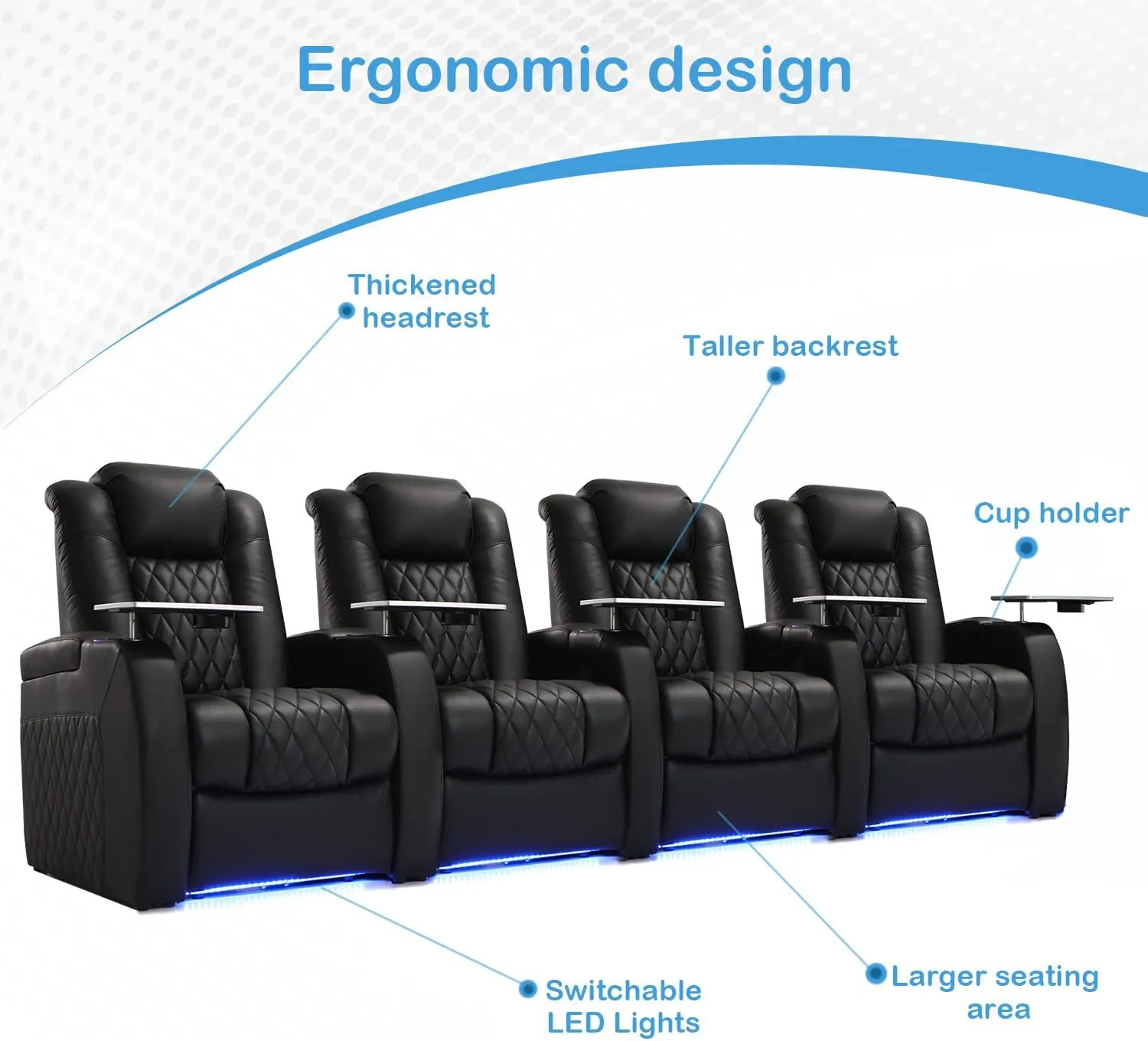 Home Theater Seating Top Grain Leather Recliner Chair Power Headrest and Recline Movie Seats Gaming Sofa with Tray Table Type-C USB Charge Cup Holders Row of 4 Black