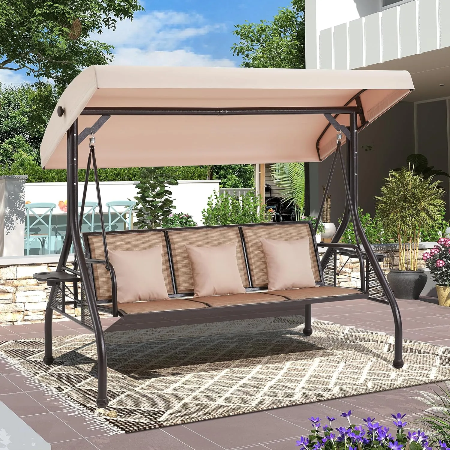 HOMREST Outdoor Porch Swing with Adjustable Canopy, Backrest, 3-Person Patio Textilene Swing Bed with Side Cup Holder, Pillow for Garden, Deck, Back Yard, Lawn (Brown)