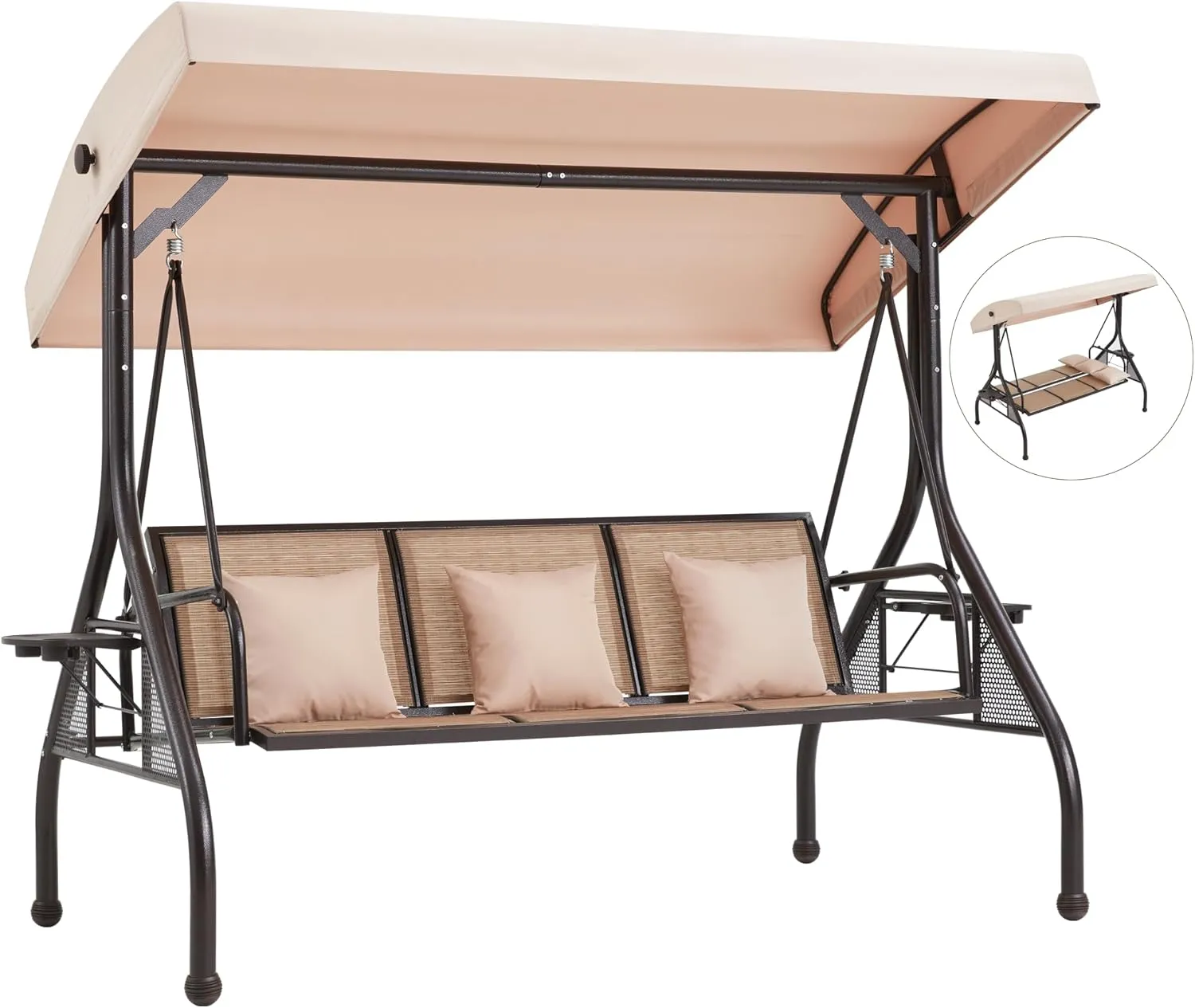 HOMREST Outdoor Porch Swing with Adjustable Canopy, Backrest, 3-Person Patio Textilene Swing Bed with Side Cup Holder, Pillow for Garden, Deck, Back Yard, Lawn (Brown)