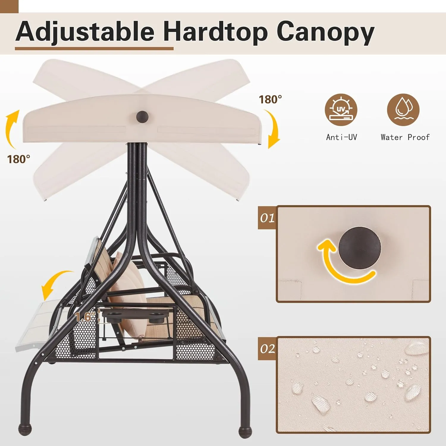 HOMREST Outdoor Porch Swing with Adjustable Canopy, Backrest, 3-Person Patio Textilene Swing Bed with Side Cup Holder, Pillow for Garden, Deck, Back Yard, Lawn (Brown)