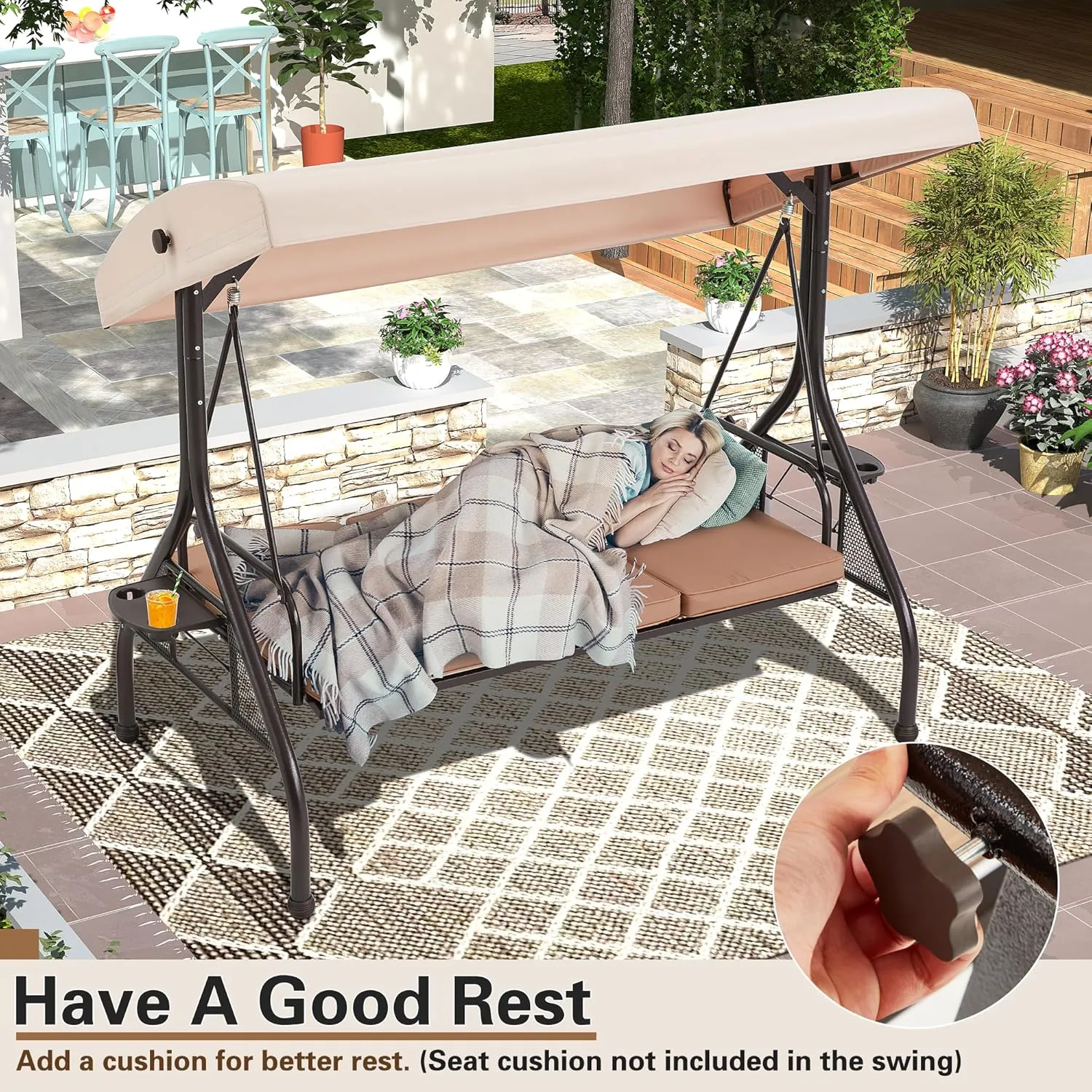 HOMREST Outdoor Porch Swing with Adjustable Canopy, Backrest, 3-Person Patio Textilene Swing Bed with Side Cup Holder, Pillow for Garden, Deck, Back Yard, Lawn (Brown)