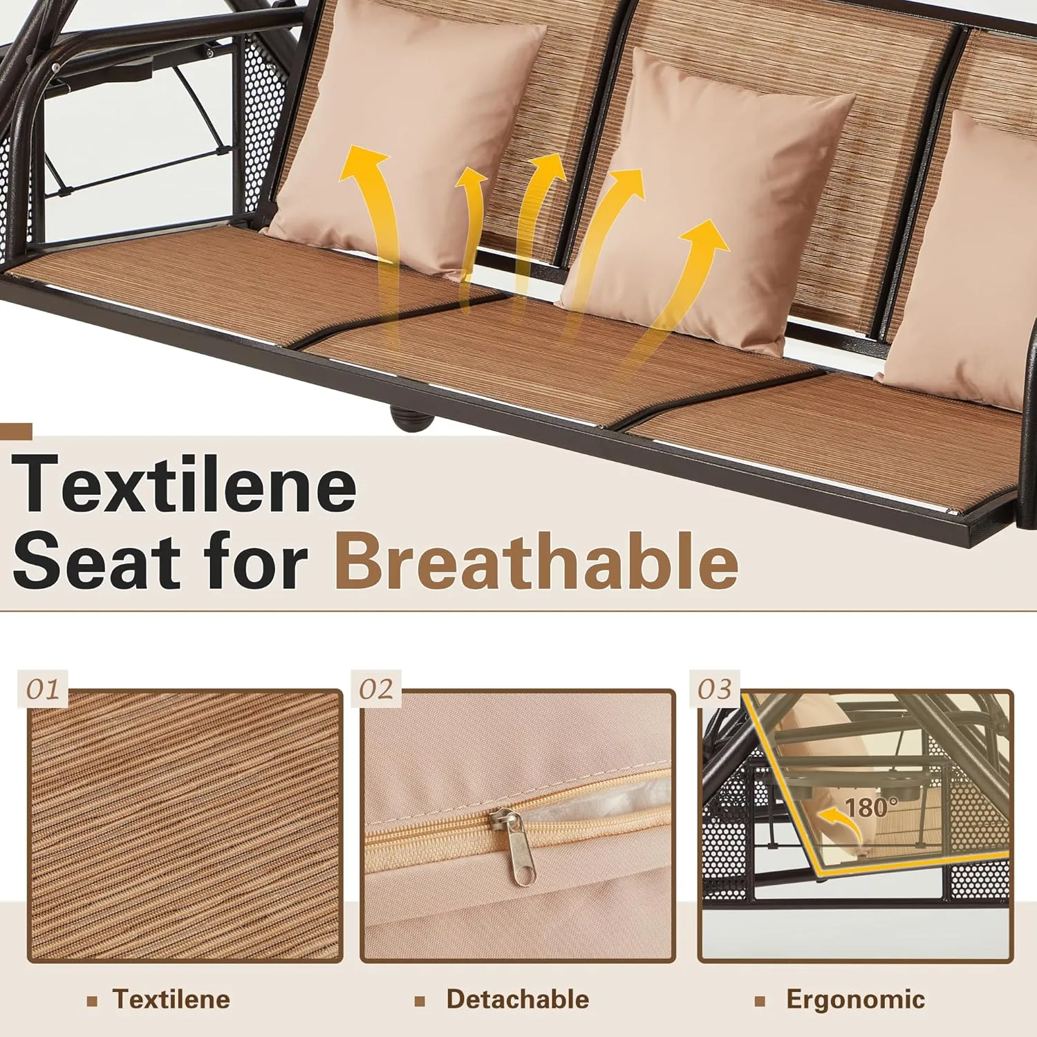 HOMREST Outdoor Porch Swing with Adjustable Canopy, Backrest, 3-Person Patio Textilene Swing Bed with Side Cup Holder, Pillow for Garden, Deck, Back Yard, Lawn (Brown)