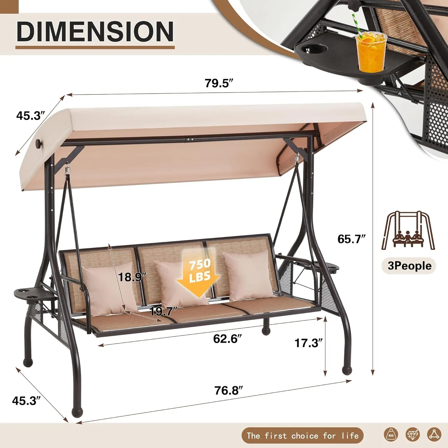 HOMREST Outdoor Porch Swing with Adjustable Canopy, Backrest, 3-Person Patio Textilene Swing Bed with Side Cup Holder, Pillow for Garden, Deck, Back Yard, Lawn (Brown)