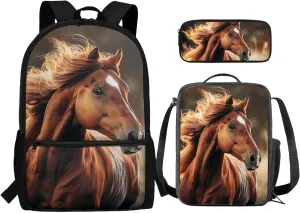 Horse Backpack and Lunchbox Set Kids Book Bag for 4th Grade for Girls School with Lunch Box for 9-10 Animal Book Bag Lunch Bag Pencil Case Set of 3 Large Capacity Backpacks for School