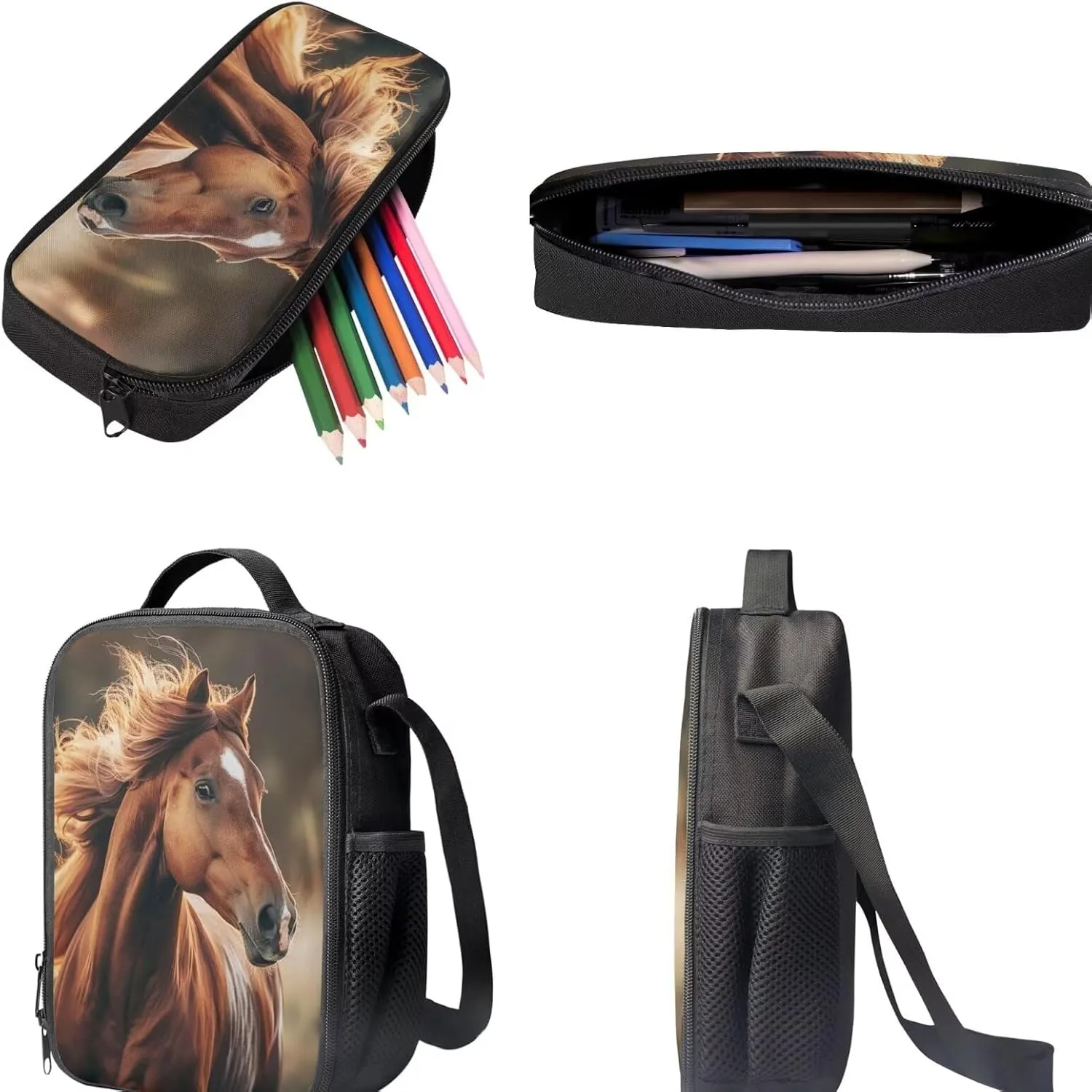 Horse Backpack and Lunchbox Set Kids Book Bag for 4th Grade for Girls School with Lunch Box for 9-10 Animal Book Bag Lunch Bag Pencil Case Set of 3 Large Capacity Backpacks for School