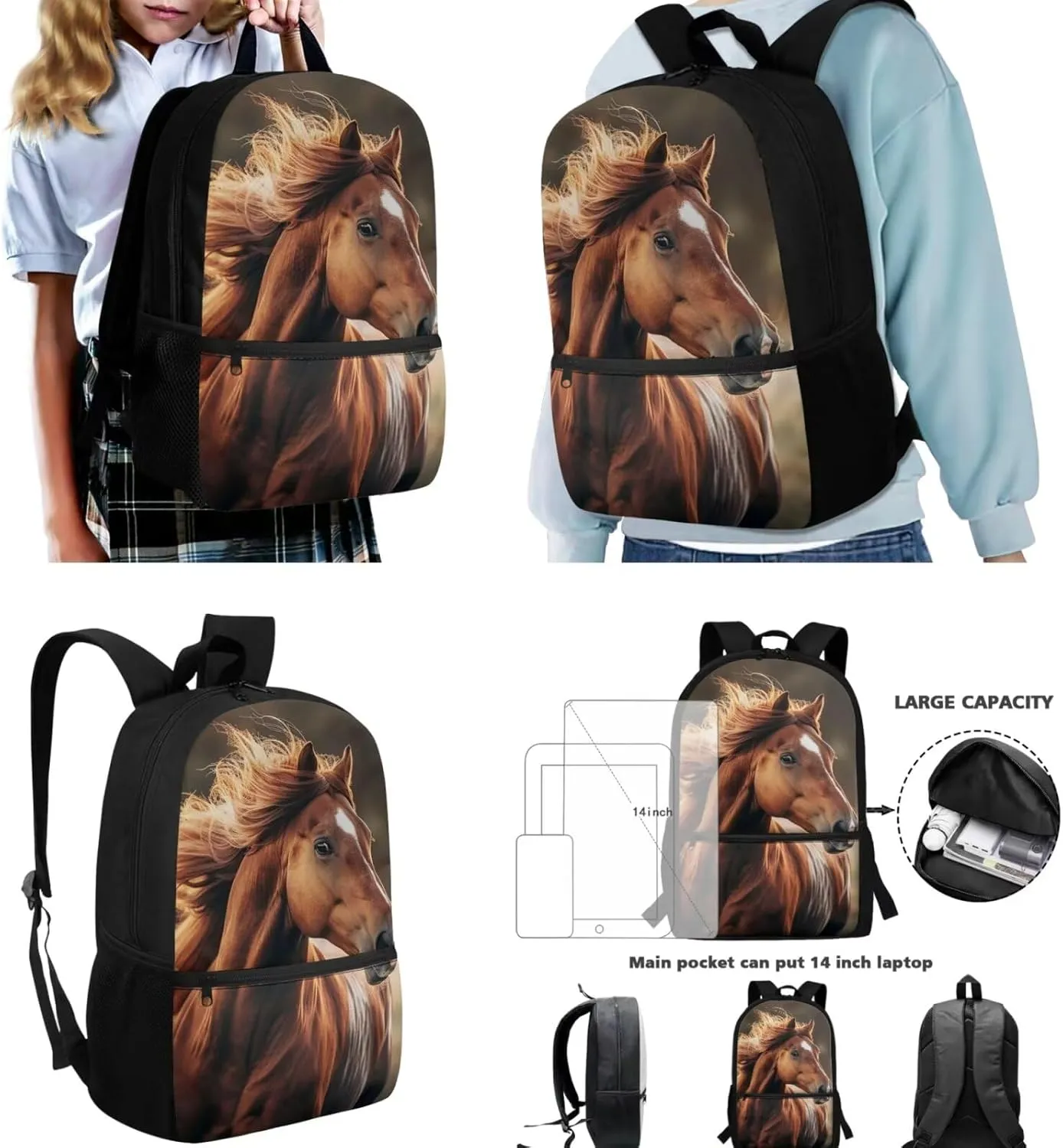 Horse Backpack and Lunchbox Set Kids Book Bag for 4th Grade for Girls School with Lunch Box for 9-10 Animal Book Bag Lunch Bag Pencil Case Set of 3 Large Capacity Backpacks for School